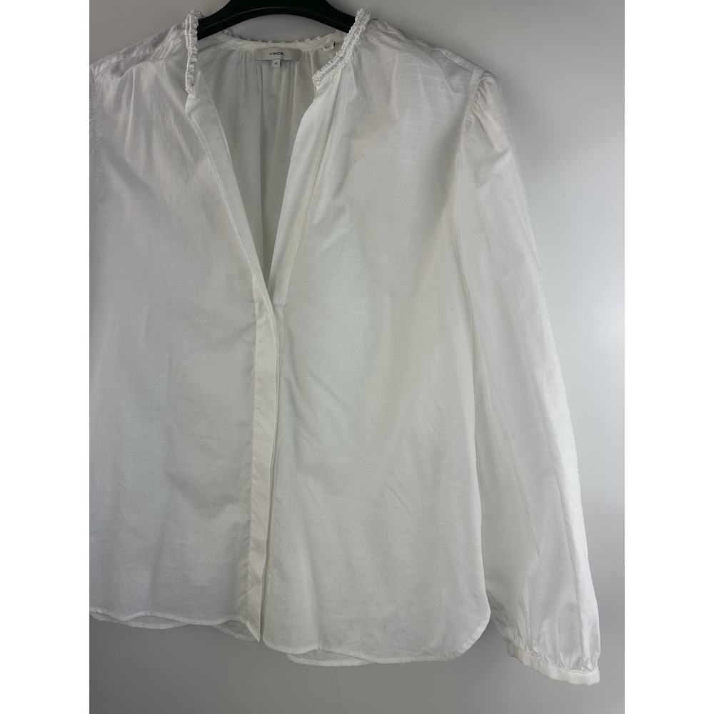 Vince Braid Trim Band Collar Blouse Button Top Deep V-Neck XL Minimalist Office - Picture 5 of 15